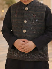 Boys Premium 3 Piece Waistcoat Suit – Kurta Shalwar/Pajama Set - Art 1014 Black - Maa Sadqay