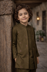 Boys 3 Piece Gown Suit – Kurta Pajama Set - Art 2076 Brown