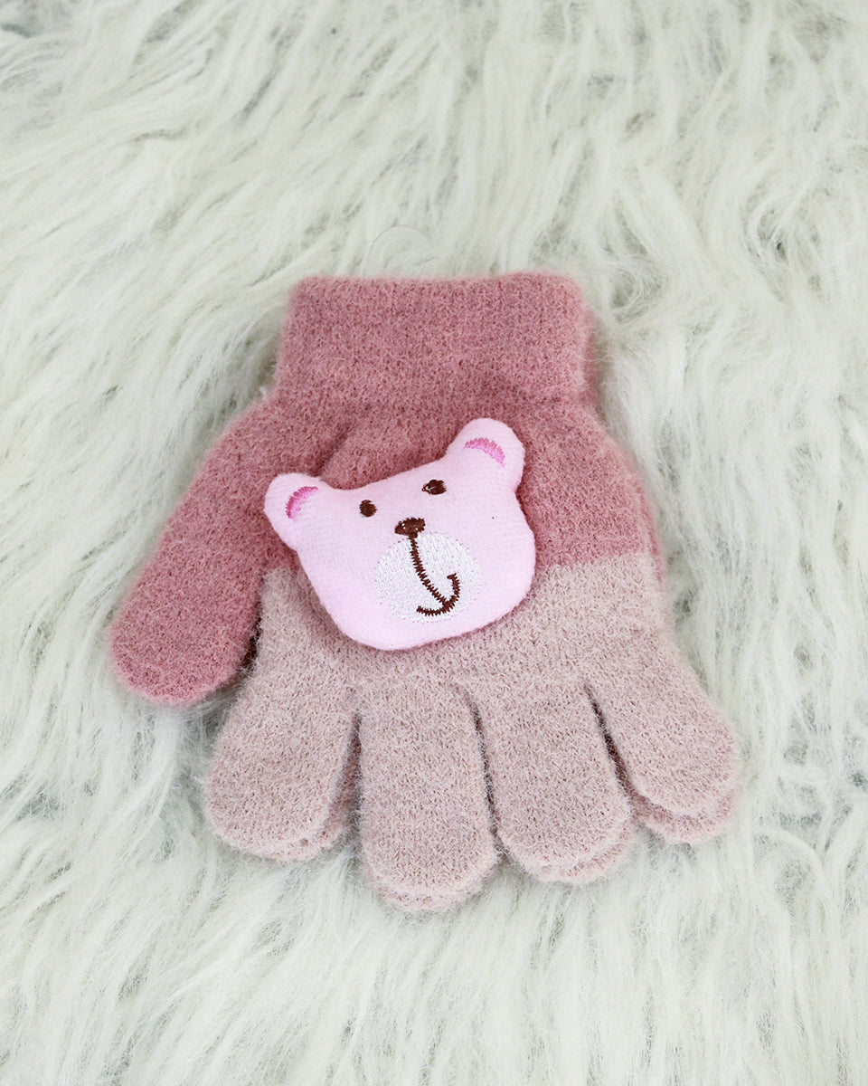 Kids Woolen Gloves - Pink Bear
