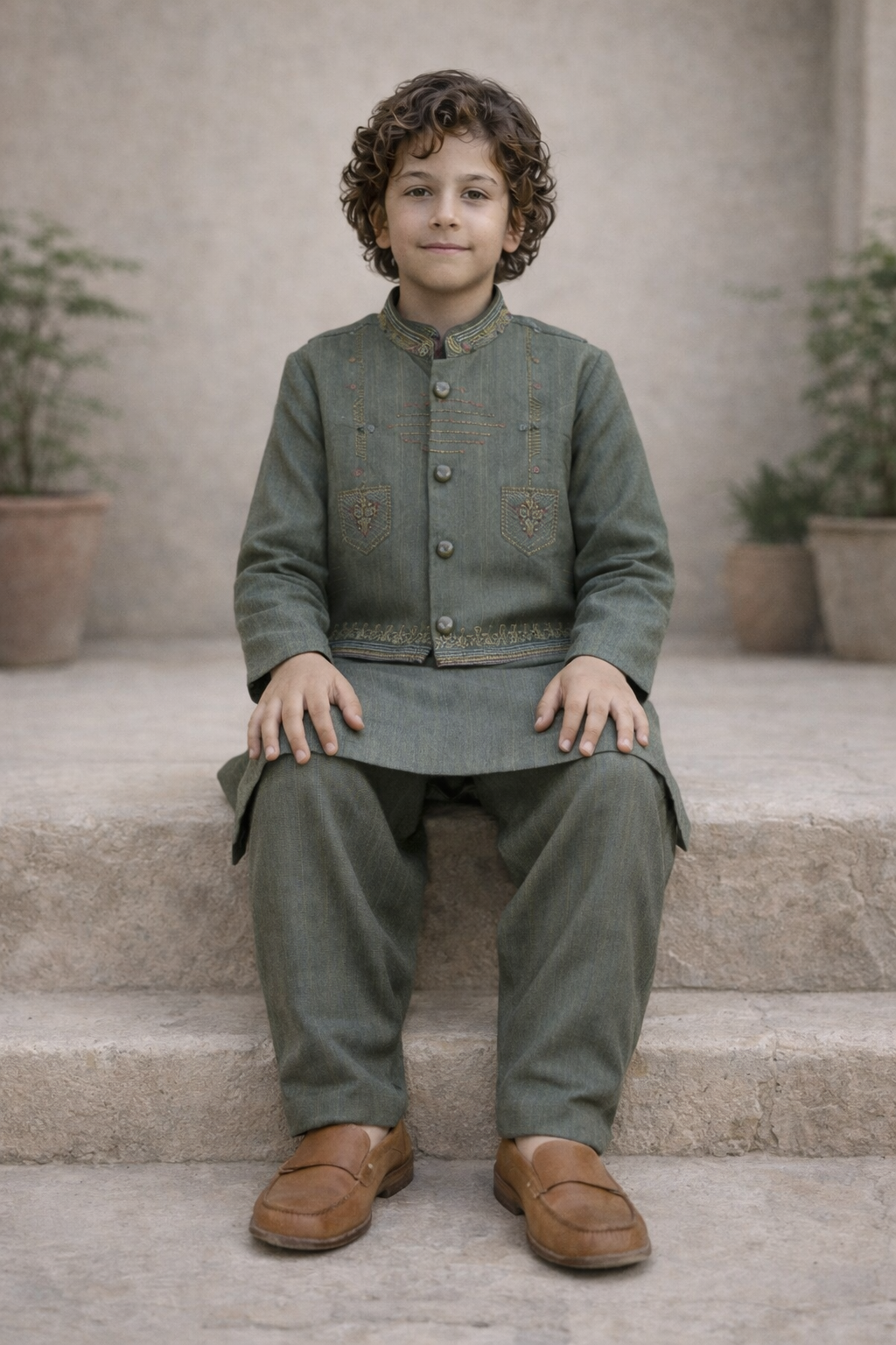 Boys 3 Piece Waistcoat Suit – Kurta Shalwar/Pajama Set - Art 160 Green - Maa Sadqay