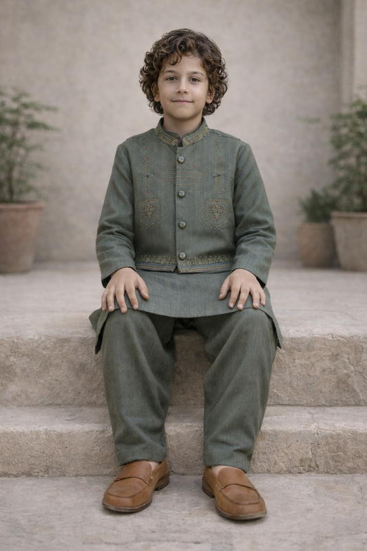 Boys 3 Piece Waistcoat Suit – Kurta Shalwar/Pajama Set - Art 160 Green - Maa Sadqay