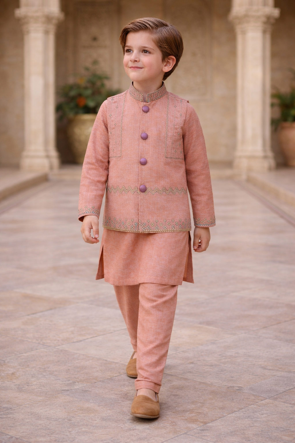 Boys 3 Piece Waistcoat Suit – Kurta Shalwar/Pajama Set - Art 162 peach - Maa Sadqay
