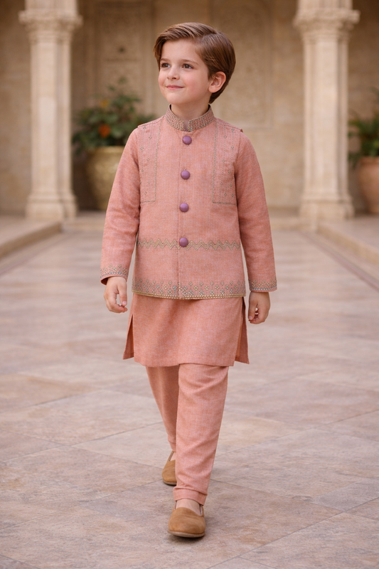 Boys 3 Piece Waistcoat Suit – Kurta Shalwar/Pajama Set - Art 162 peach - Maa Sadqay