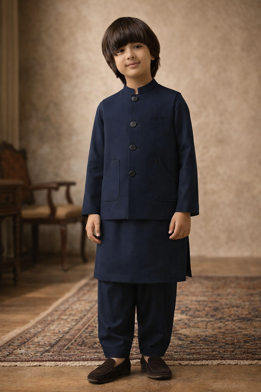 Boys Premium Al karam 3 Piece Waistcoat Suit – Kurta Shalwar/Pajama Set - Art 2632 Navy - Maa Sadqay