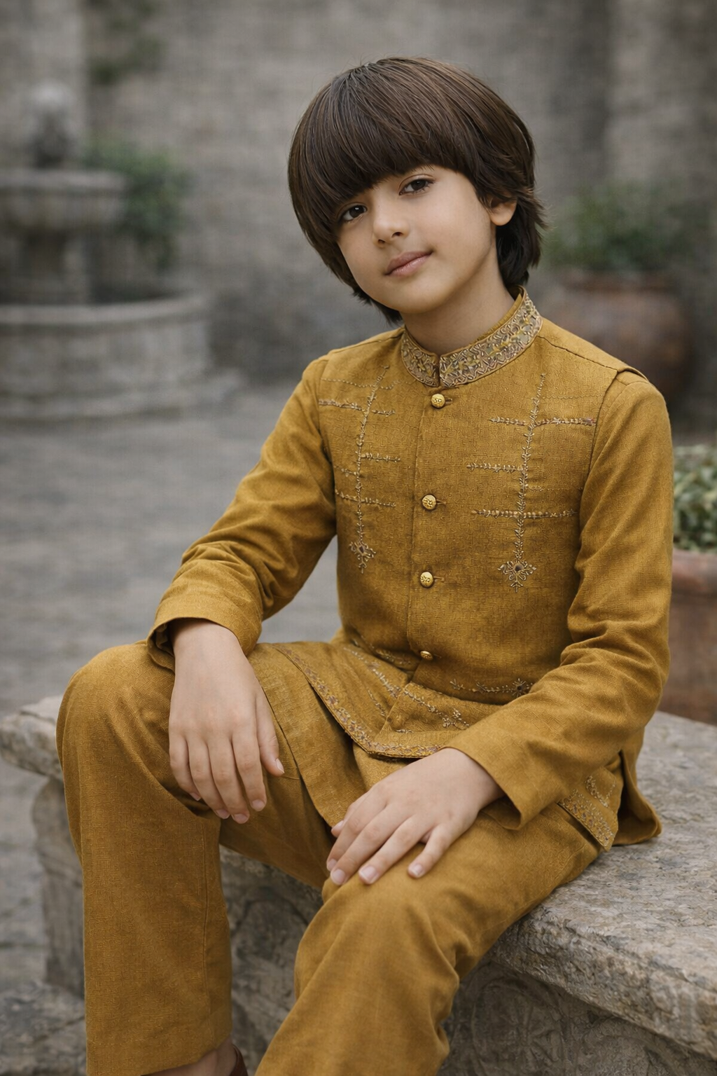Boys 3 Piece Waistcoat Suit – Kurta Shalwar/Pajama Set - Art 173 Mustard - Maa Sadqay