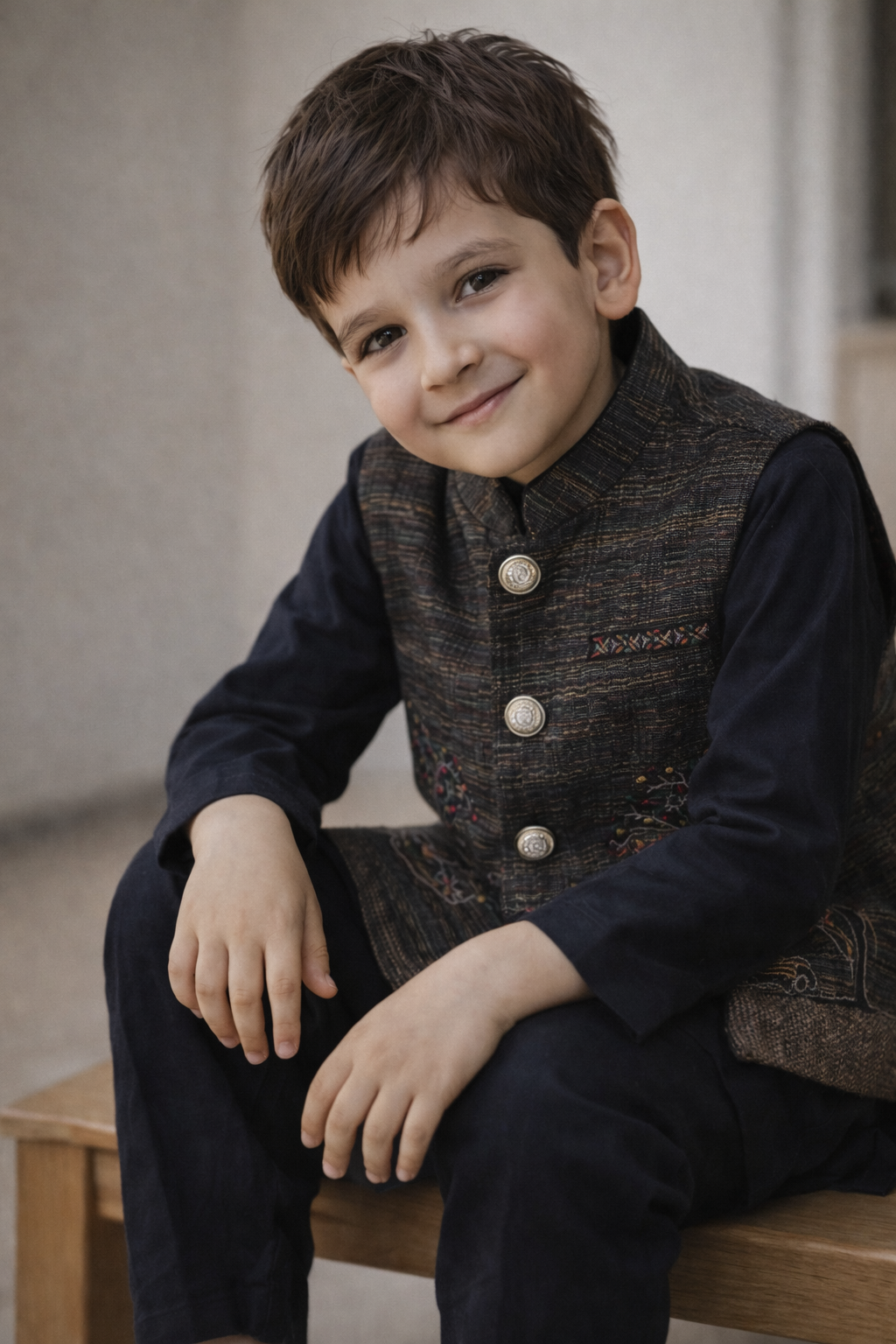 Boys Premium 3 Piece Waistcoat Suit – Kurta Shalwar/Pajama Set - Art 466 Black - Maa Sadqay