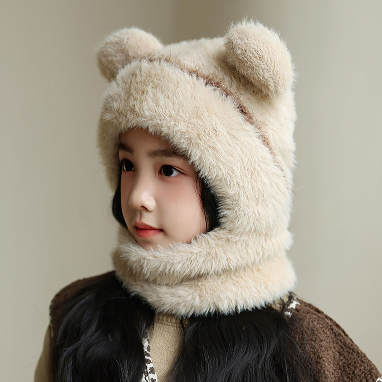 Warm Plush Pullover 2 in 1 Protection Cap with Mask - Free Size