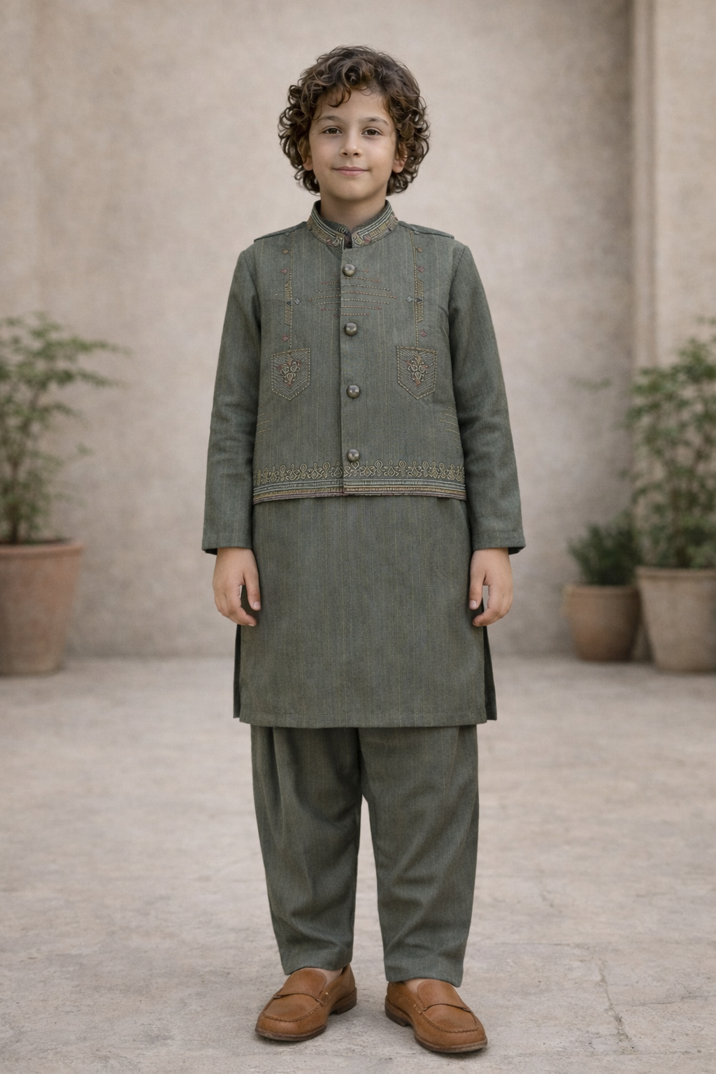 Boys 3 Piece Waistcoat Suit – Kurta Shalwar/Pajama Set - Art 160 Green - Maa Sadqay