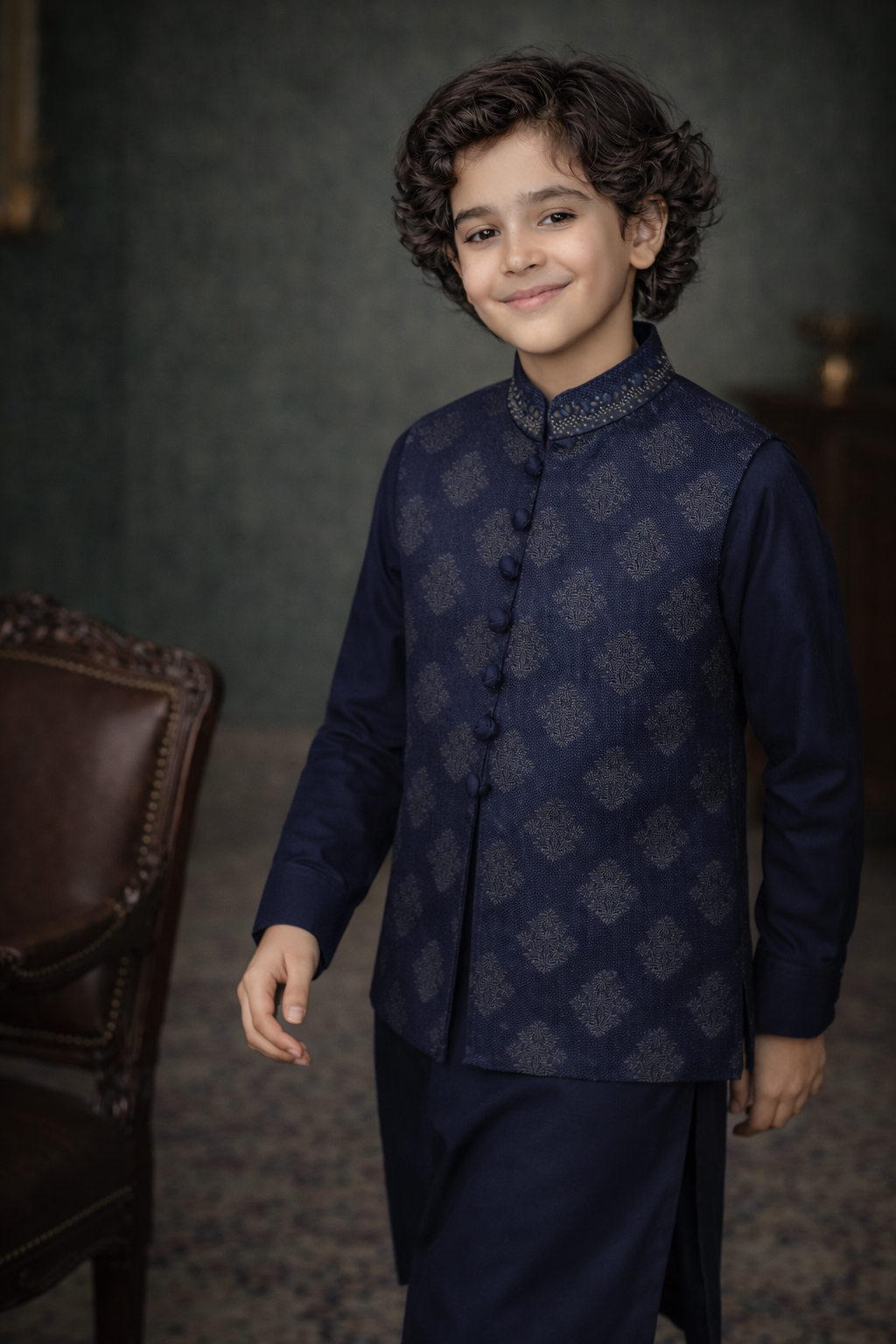 Boys Premium Al karam 3 Piece Waistcoat Suit – Kurta Shalwar/Pajama Set - Art 2518 Navy - Maa Sadqay