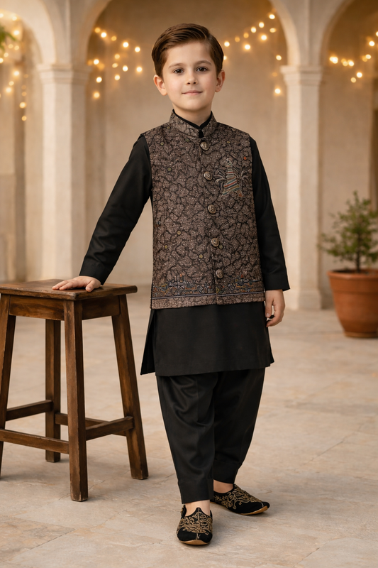 Boys Premium 3 Piece Waistcoat Suit – Kurta Shalwar/Pajama Set - Art 1006 Black - Maa Sadqay