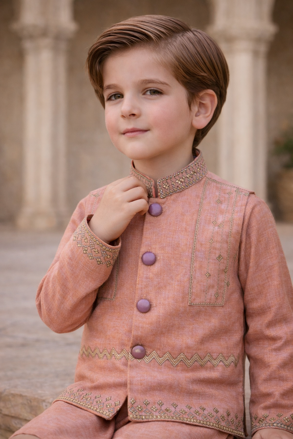 Boys 3 Piece Waistcoat Suit – Kurta Shalwar/Pajama Set - Art 162 peach - Maa Sadqay