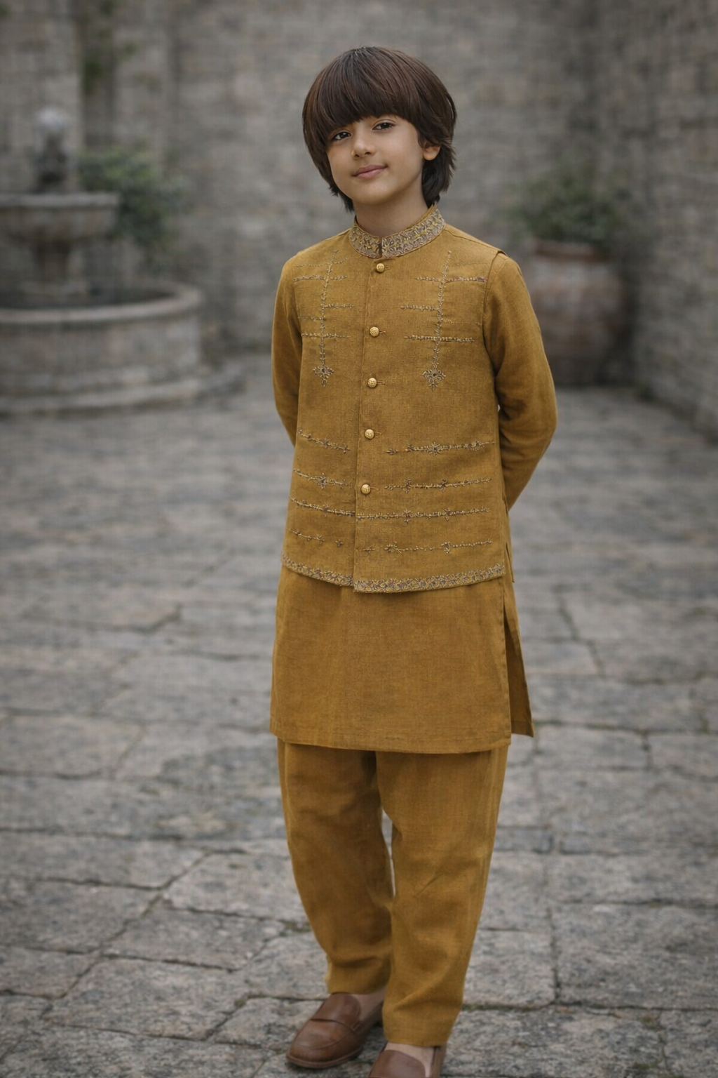 Boys 3 Piece Waistcoat Suit – Kurta Shalwar/Pajama Set - Art 173 Mustard - Maa Sadqay