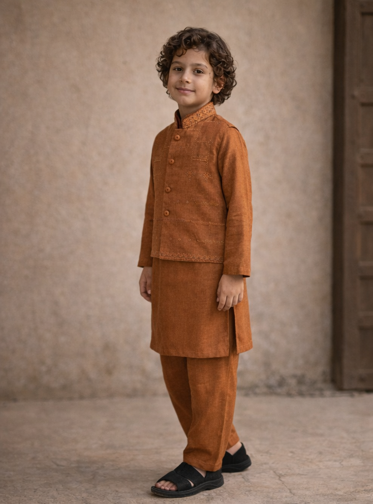 Boys 3 Piece Waistcoat Suit – Kurta Shalwar/Pajama Set - Art 173 Rust - Maa Sadqay