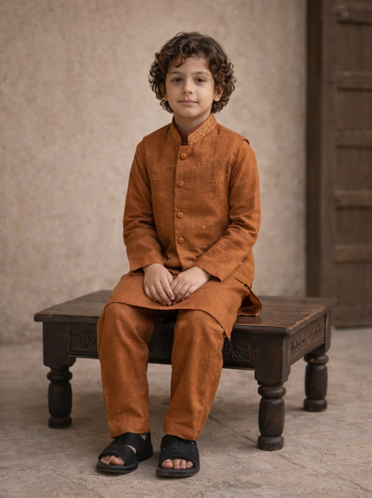 Boys 3 Piece Waistcoat Suit – Kurta Shalwar/Pajama Set - Art 173 Rust - Maa Sadqay
