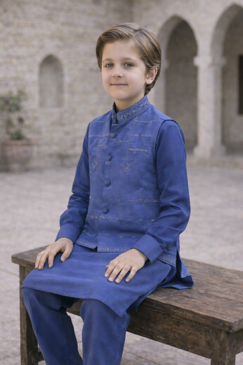 Boys 3 Piece Waistcoat Suit – Kurta Shalwar/Pajama Set - Art 173 Blue - Maa Sadqay