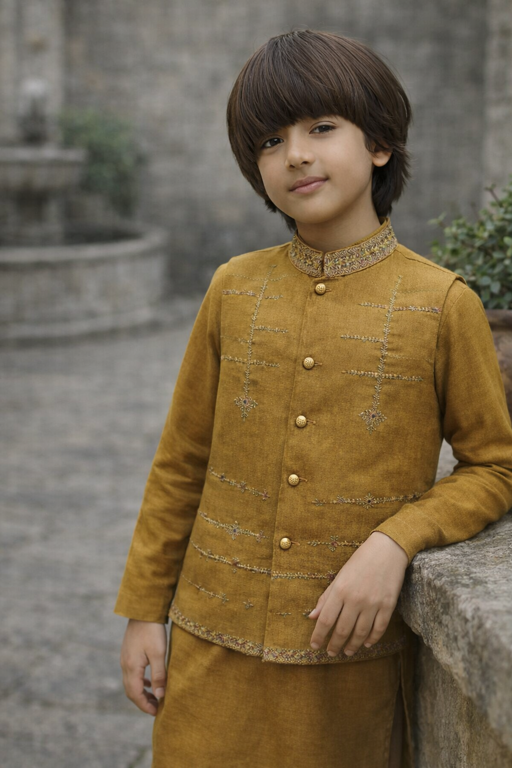 Boys 3 Piece Waistcoat Suit – Kurta Shalwar/Pajama Set - Art 173 Mustard - Maa Sadqay