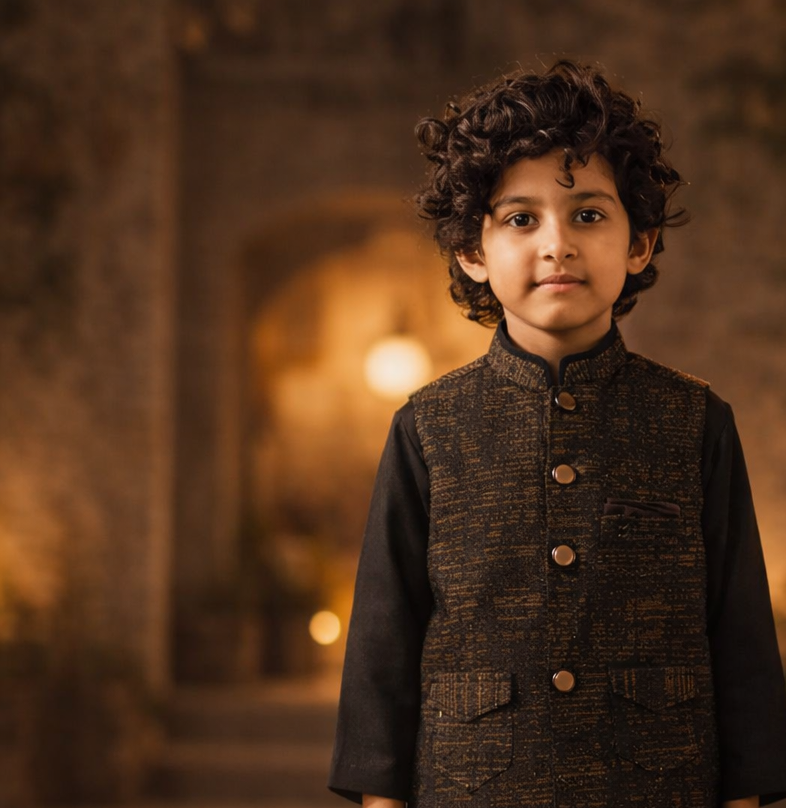Boys Premium 3 Piece Waistcoat Suit – Kurta Shalwar/Pajama Set - Art 1015 Black - Maa Sadqay
