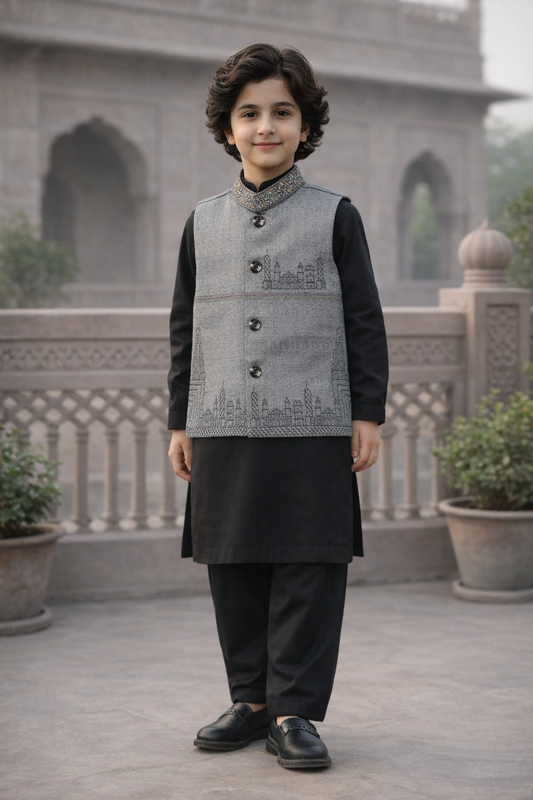 Boys Premium 3 Piece Waistcoat Suit – Kurta Shalwar/Pajama Set - Art 344 Black - Maa Sadqay
