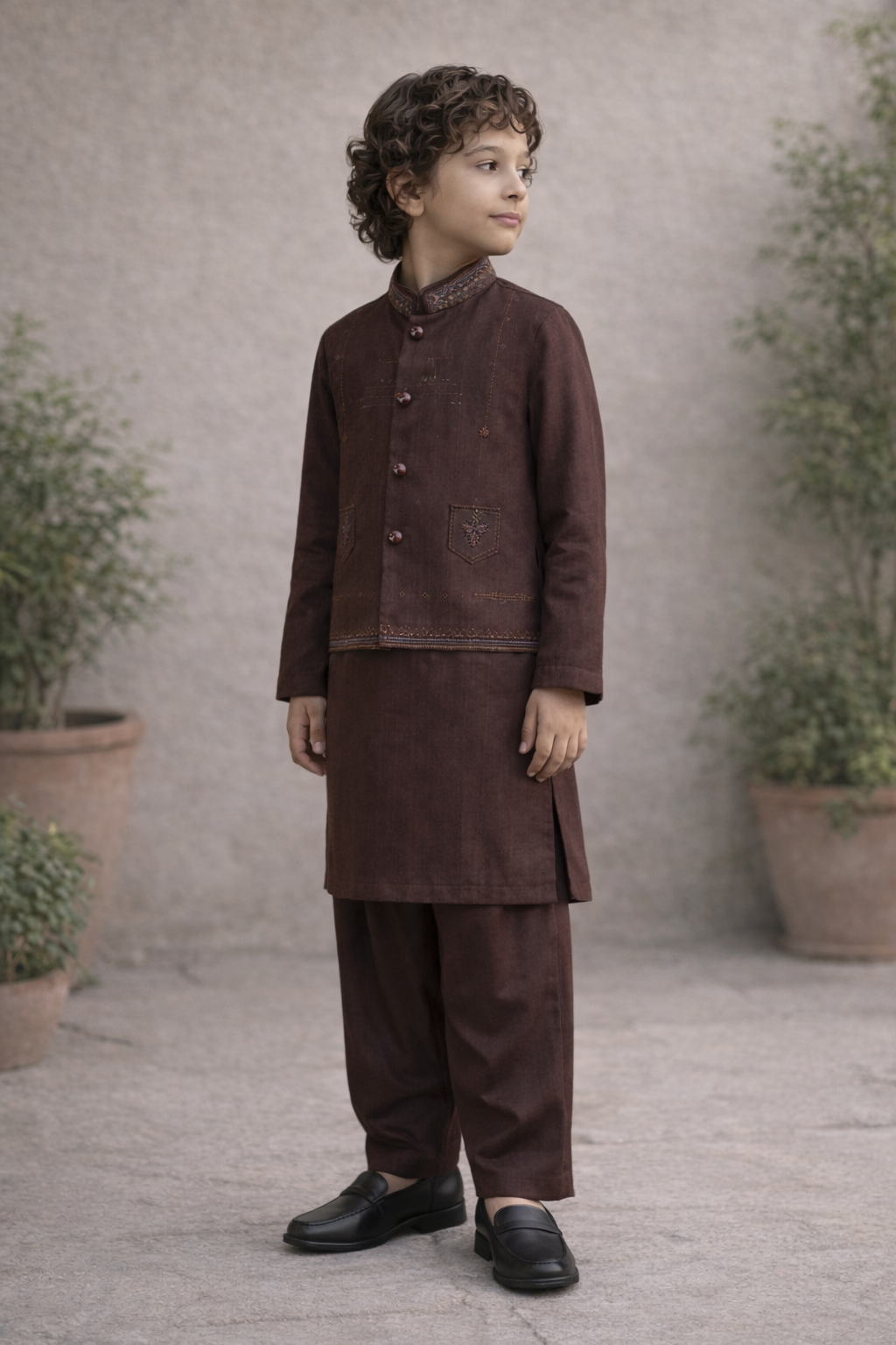 Boys 3 Piece Waistcoat Suit – Kurta Shalwar/Pajama Set - Art 160 Brown - Maa Sadqay