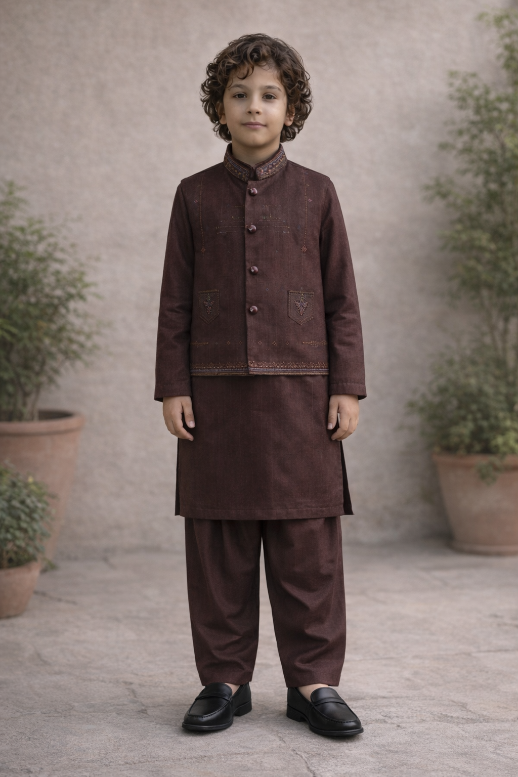 Boys 3 Piece Waistcoat Suit – Kurta Shalwar/Pajama Set - Art 160 Brown - Maa Sadqay