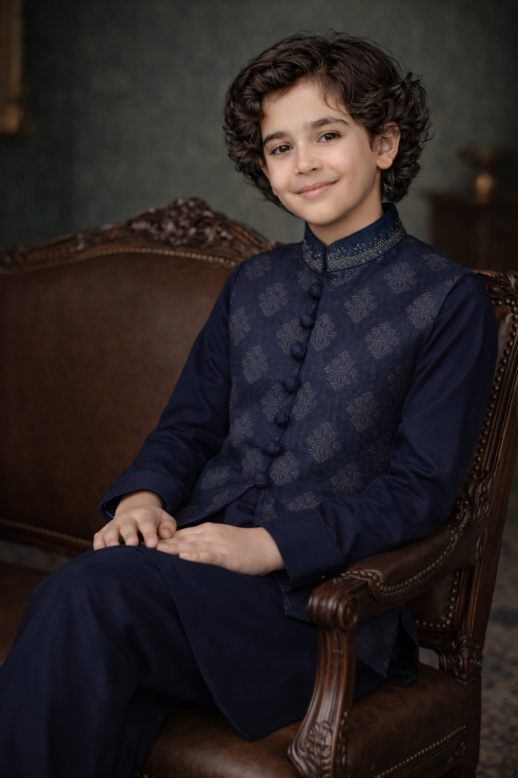 Boys Premium Al karam 3 Piece Waistcoat Suit – Kurta Shalwar/Pajama Set - Art 2518 Navy - Maa Sadqay