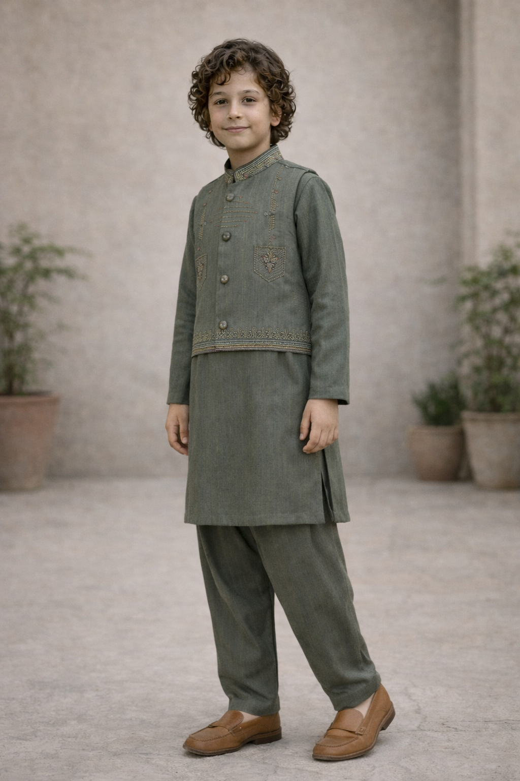 Boys 3 Piece Waistcoat Suit – Kurta Shalwar/Pajama Set - Art 160 Green - Maa Sadqay