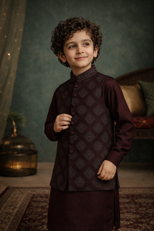 Boys Premium Al karam 3 Piece Waistcoat Suit – Kurta Shalwar/Pajama Set - Art 2518 Maroon - Maa Sadqay