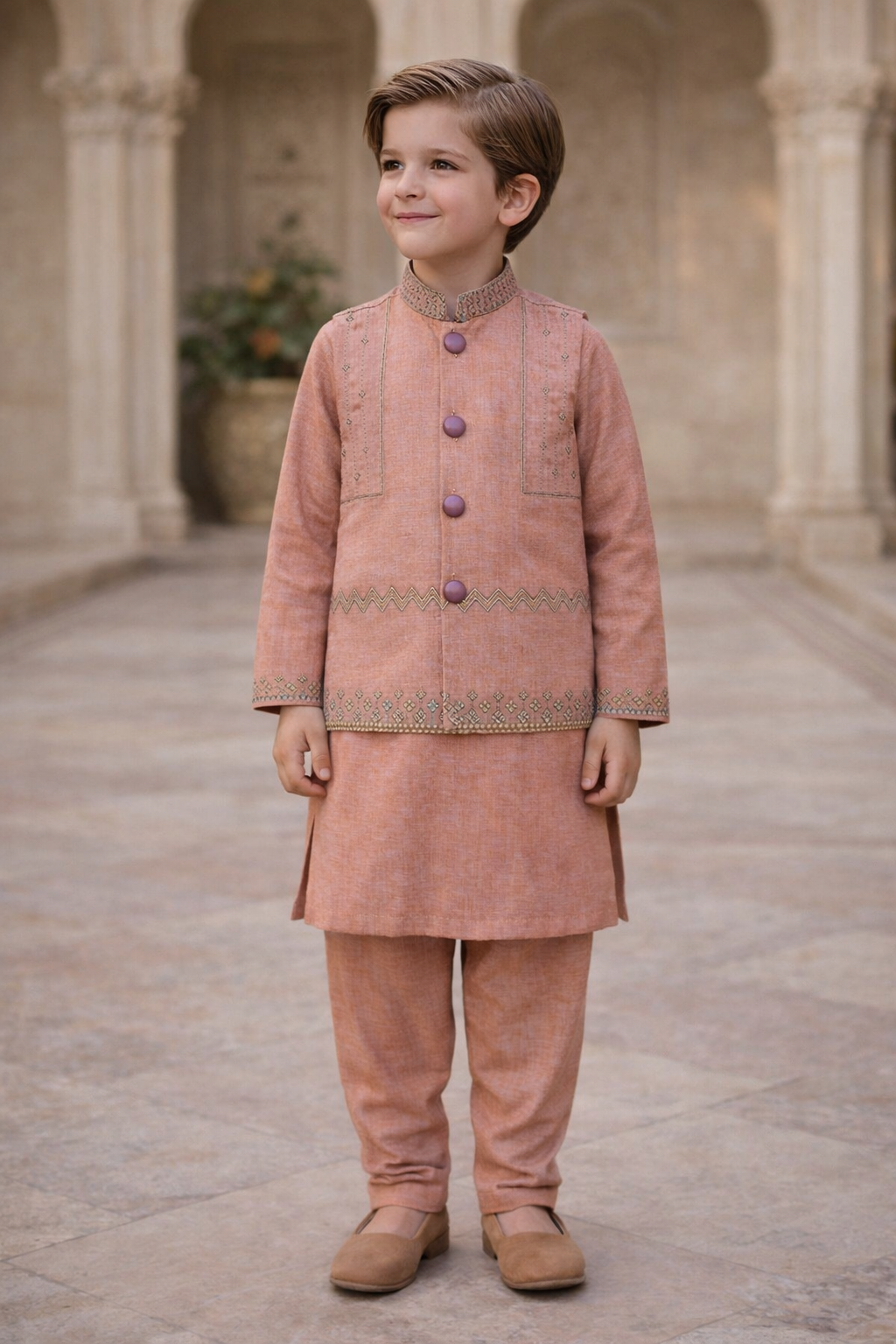 Boys 3 Piece Waistcoat Suit – Kurta Shalwar/Pajama Set - Art 162 peach - Maa Sadqay