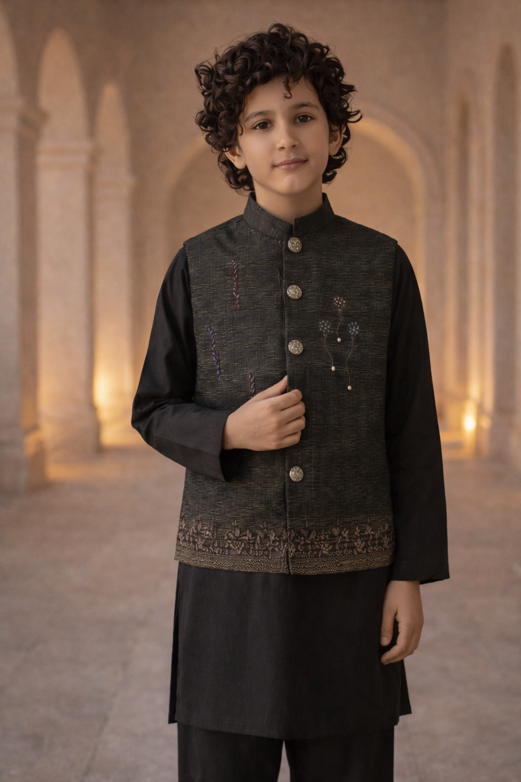 Boys Premium 3 Piece Waistcoat Suit – Kurta Shalwar/Pajama Set - Art 1014 Black - Maa Sadqay
