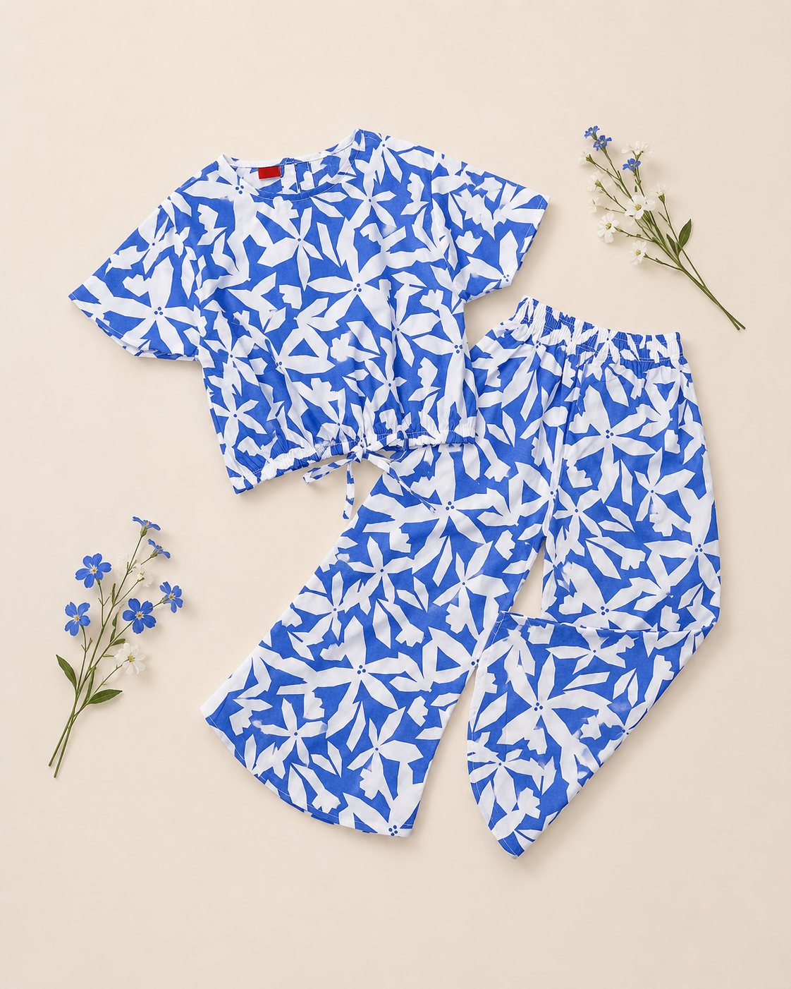 Blue & White Floral crop-top with Bell Bottom -CT138