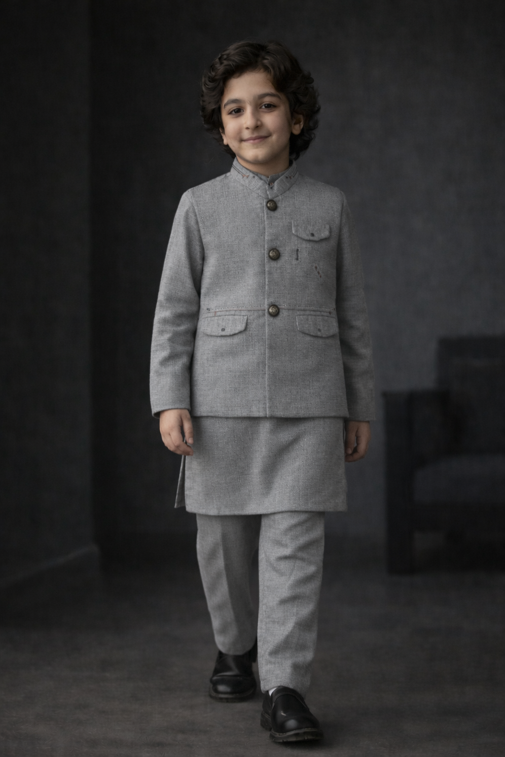 Boys Premium 3 Piece Waistcoat Suit – Kurta Shalwar/Pajama Set - Art 260 Grey - Maa Sadqay