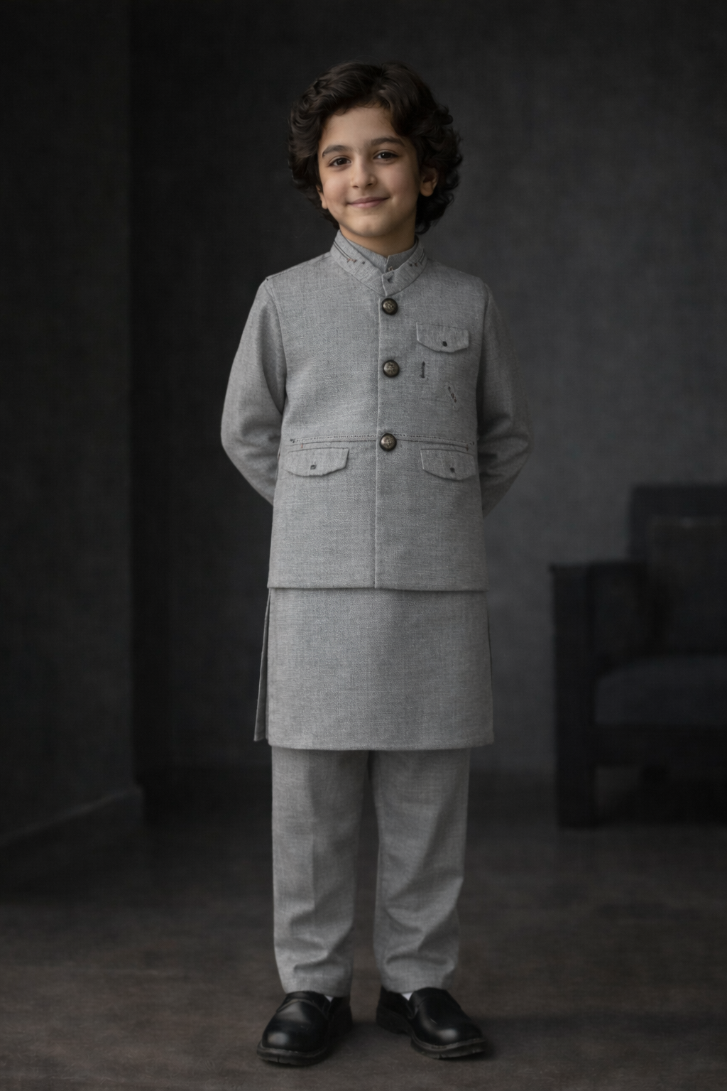 Boys Premium 3 Piece Waistcoat Suit – Kurta Shalwar/Pajama Set - Art 260 Grey - Maa Sadqay