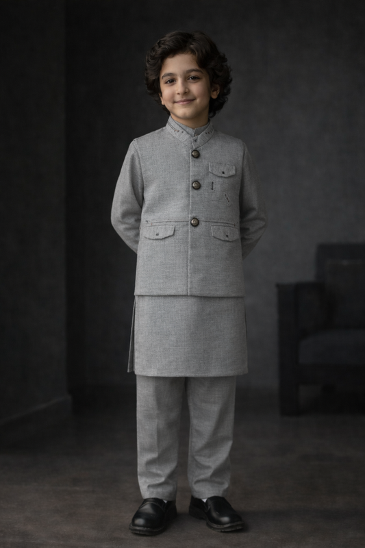 Boys Premium 3 Piece Waistcoat Suit – Kurta Shalwar/Pajama Set - Art 260 Grey - Maa Sadqay