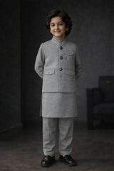 Boys Premium 3 Piece Waistcoat Suit – Kurta Shalwar/Pajama Set - Art 260 Grey - Maa Sadqay