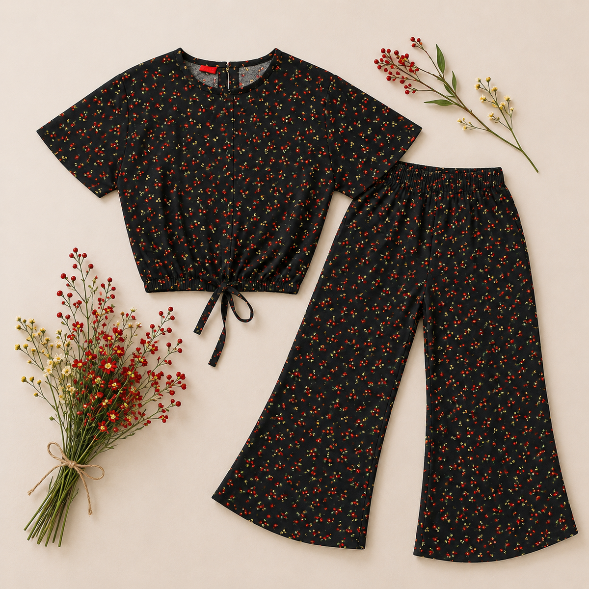 Printed Black-Crop-top with Bell Bottom -CT153