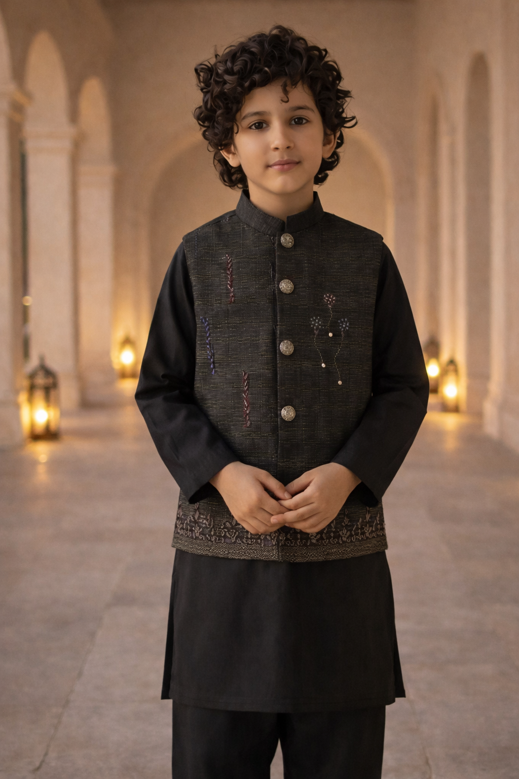 Boys Premium 3 Piece Waistcoat Suit – Kurta Shalwar/Pajama Set - Art 1014 Black - Maa Sadqay