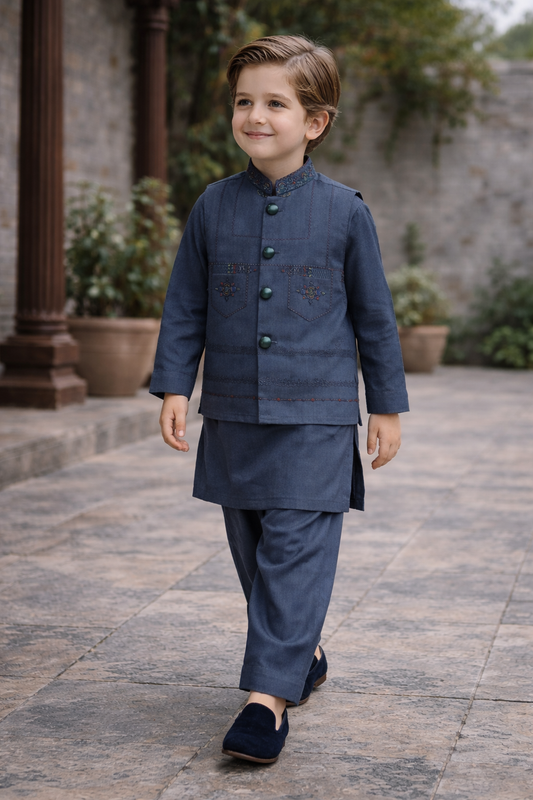 Boys 3 Piece Waistcoat Suit – Kurta Shalwar/Pajama Set - Art 159 zink - Maa Sadqay