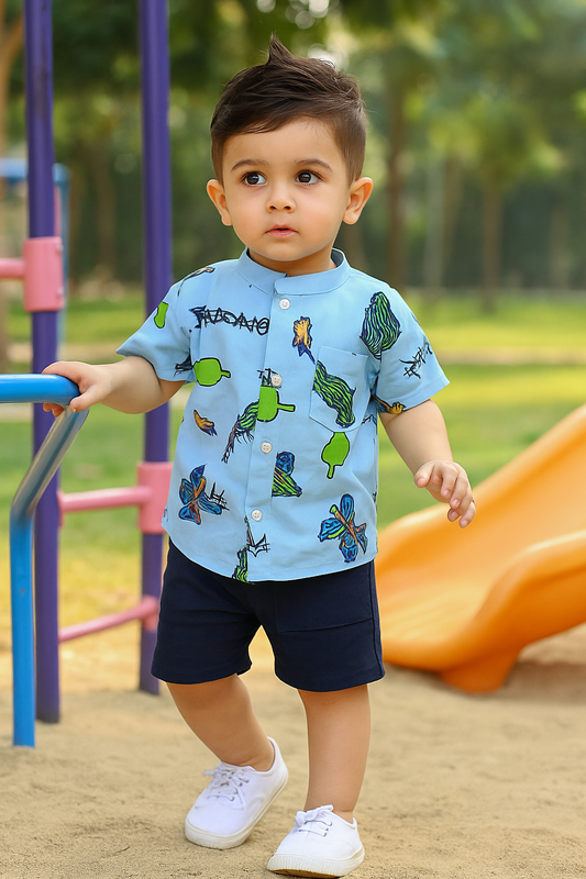 Funky Cotton Shirt with Shorts Set |Sky Cactus -FS1015
