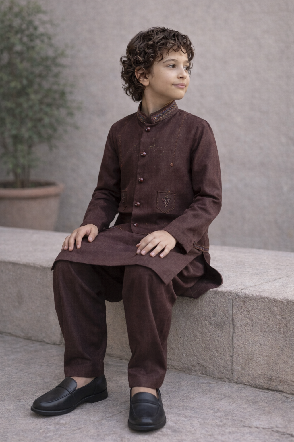 Boys 3 Piece Waistcoat Suit – Kurta Shalwar/Pajama Set - Art 160 Brown - Maa Sadqay