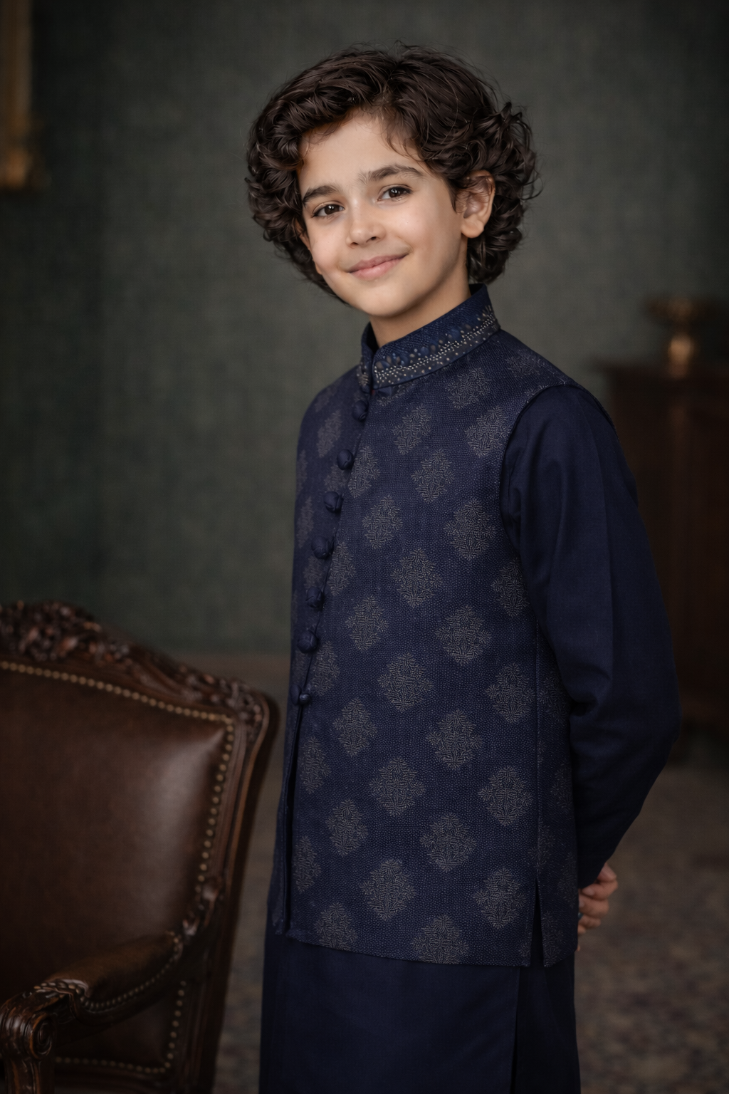 Boys Premium Al karam 3 Piece Waistcoat Suit – Kurta Shalwar/Pajama Set - Art 2518 Navy - Maa Sadqay