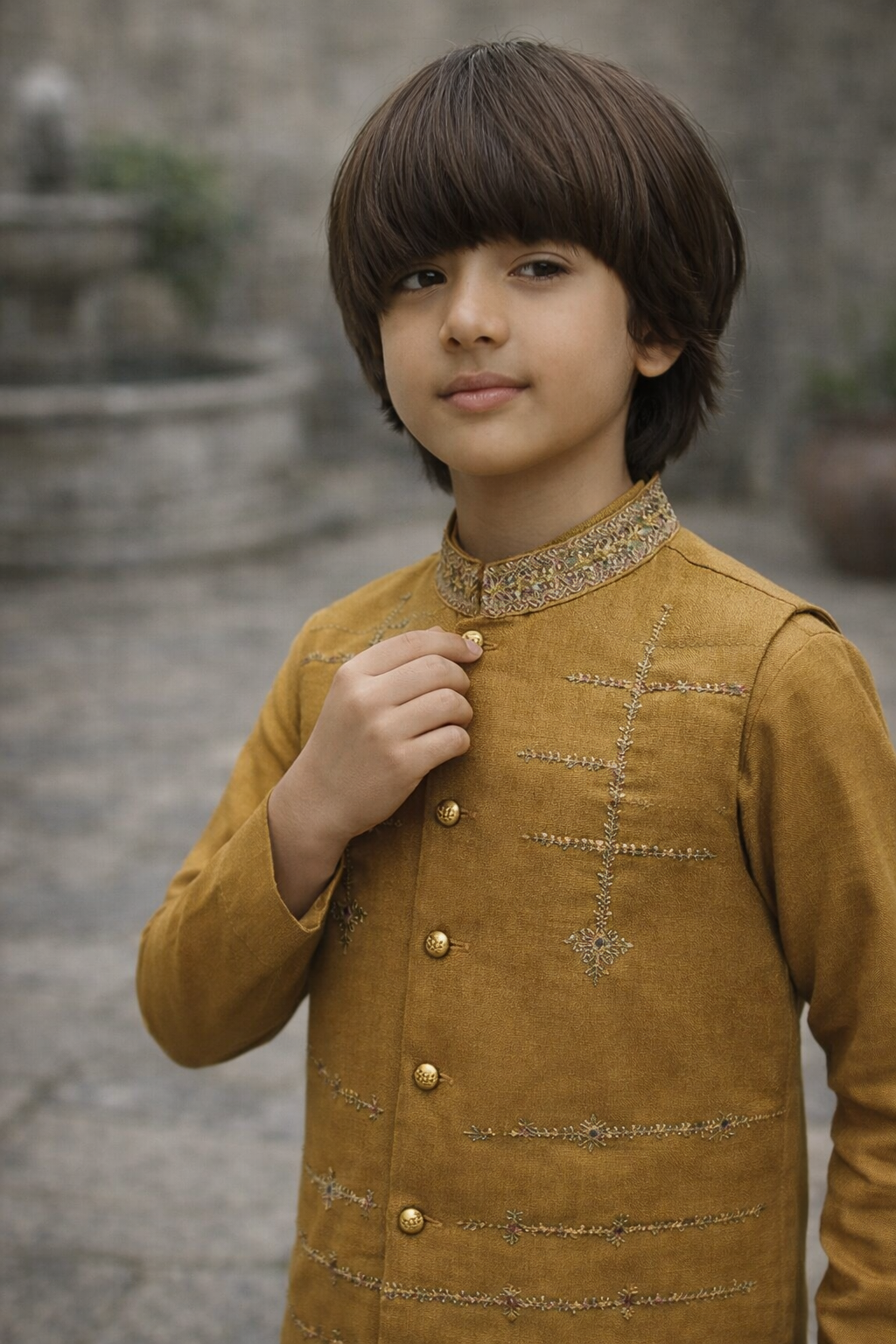Boys 3 Piece Waistcoat Suit – Kurta Shalwar/Pajama Set - Art 173 Mustard - Maa Sadqay