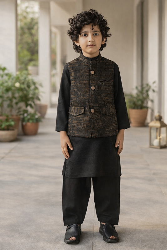 Boys Premium 3 Piece Waistcoat Suit – Kurta Shalwar/Pajama Set - Art 1015 Black - Maa Sadqay