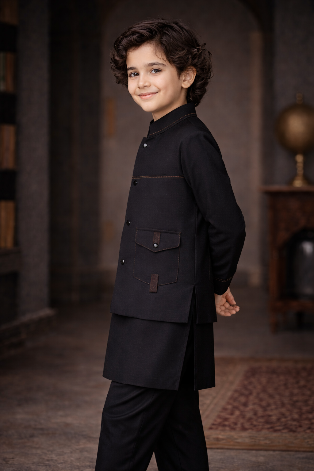 Boys Premium Al karam 3 Piece Waistcoat Suit – Kurta Shalwar/Pajama Set - Art 2600 Black - Maa Sadqay