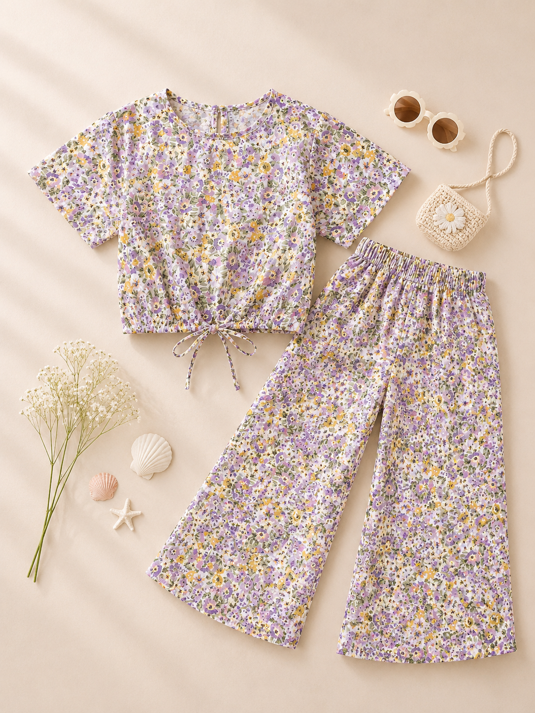 Purple with Yellow Flowers crop-top with Bell Bottom -CT146