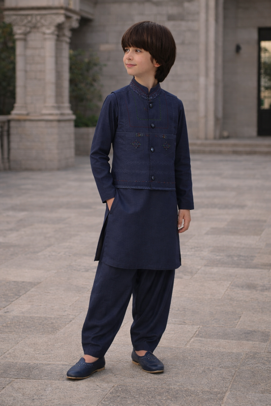 Boys 3 Piece Waistcoat Suit – Kurta Shalwar/Pajama Set - Art 159 Blue - Maa Sadqay
