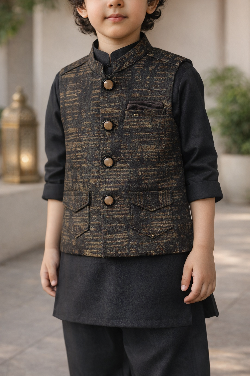 Boys Premium 3 Piece Waistcoat Suit – Kurta Shalwar/Pajama Set - Art 1015 Black - Maa Sadqay