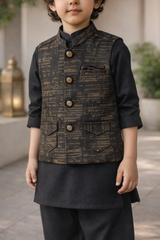 Boys Premium 3 Piece Waistcoat Suit – Kurta Shalwar/Pajama Set - Art 1015 Black - Maa Sadqay