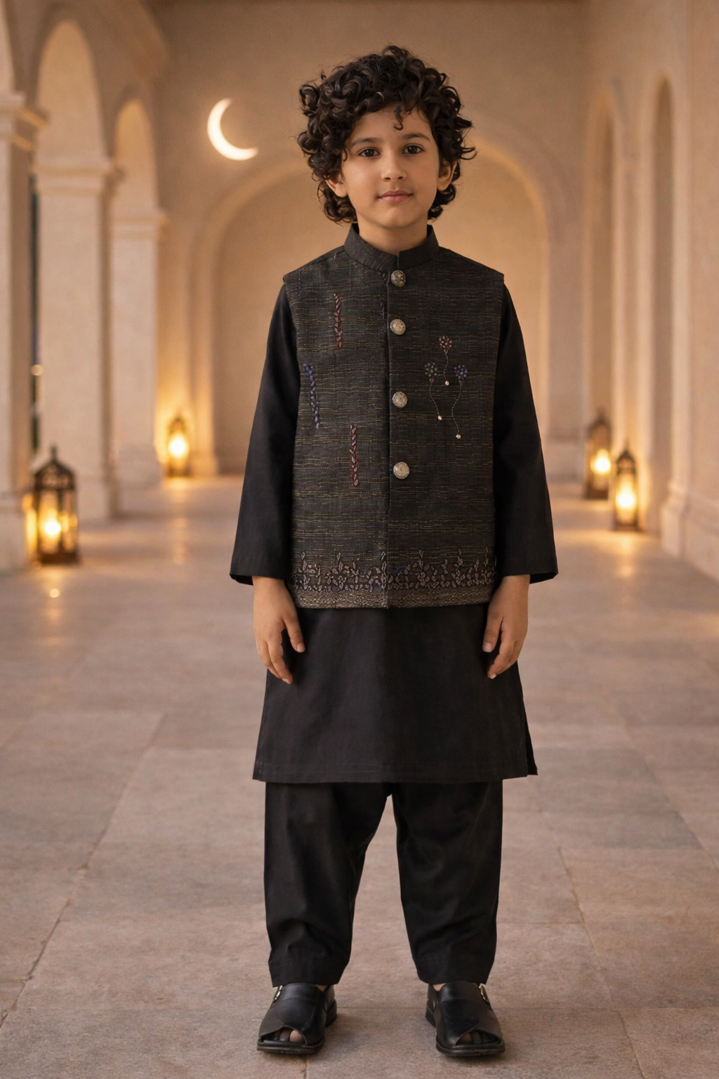 Boys Premium 3 Piece Waistcoat Suit – Kurta Shalwar/Pajama Set - Art 1014 Black - Maa Sadqay