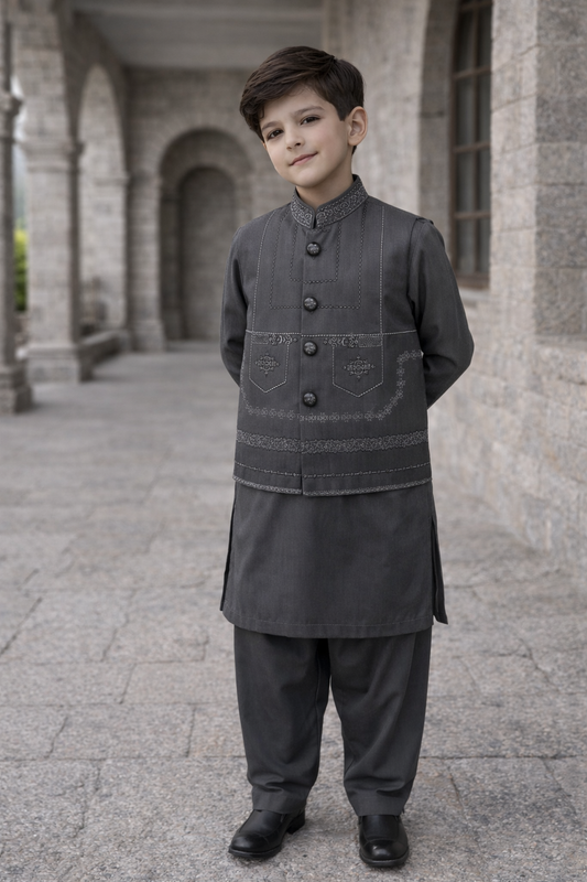 Boys 3 Piece Waistcoat Suit – Kurta Shalwar/Pajama Set - Art 159 Grey - Maa Sadqay