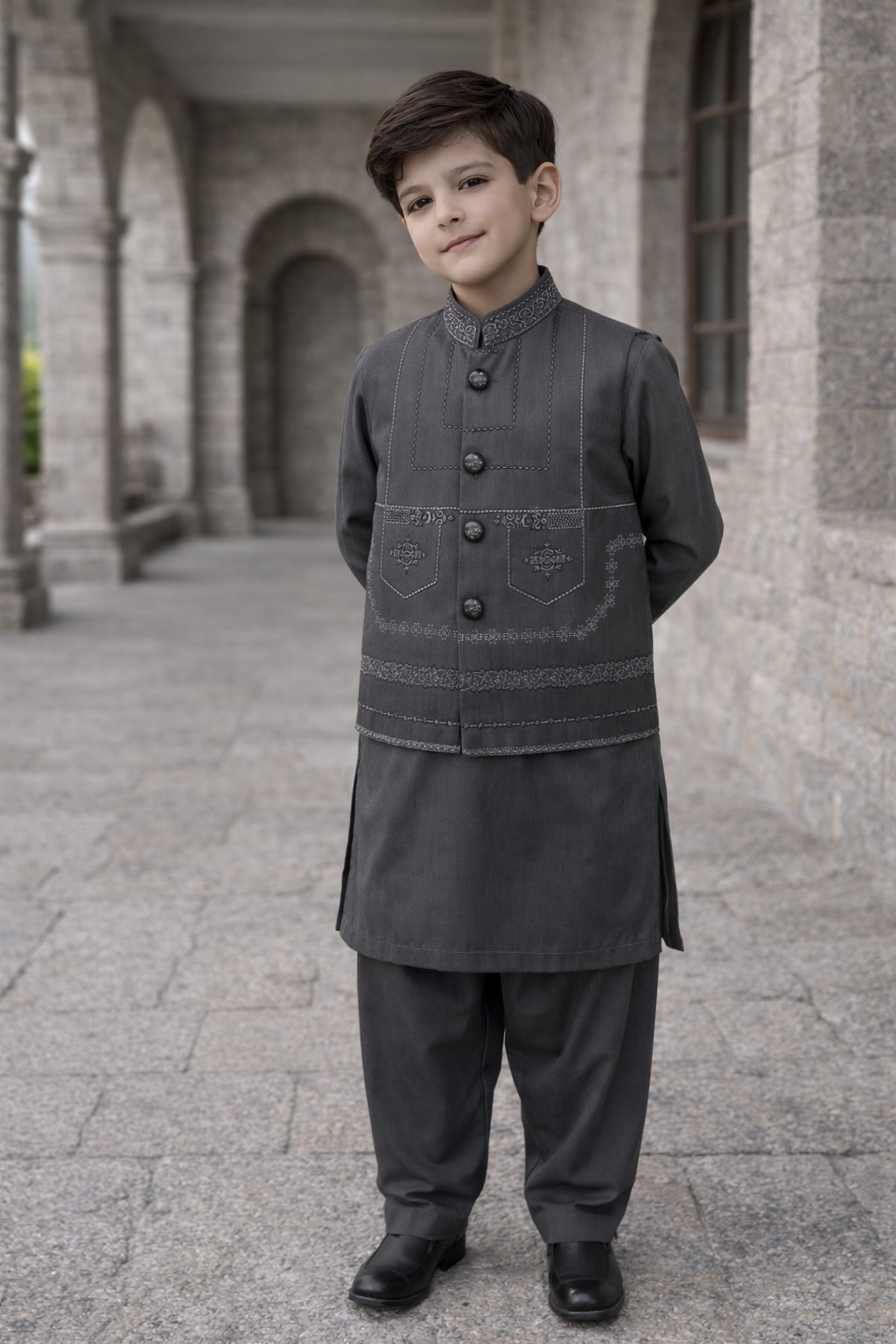 Boys 3 Piece Waistcoat Suit – Kurta Shalwar/Pajama Set - Art 159 Grey - Maa Sadqay